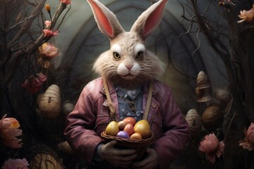 Fototapeta premium Anthropomorphic rabbit holding a wicker basket filled with colorful easter eggs, walking through a whimsical wood