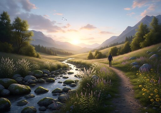 Tranquil landscape scene with person walking along path near river at sunset