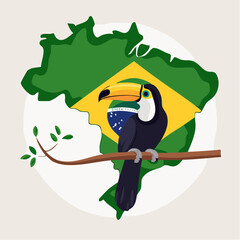 Fototapeta premium Toucan perched on a branch with Brazil map and flag