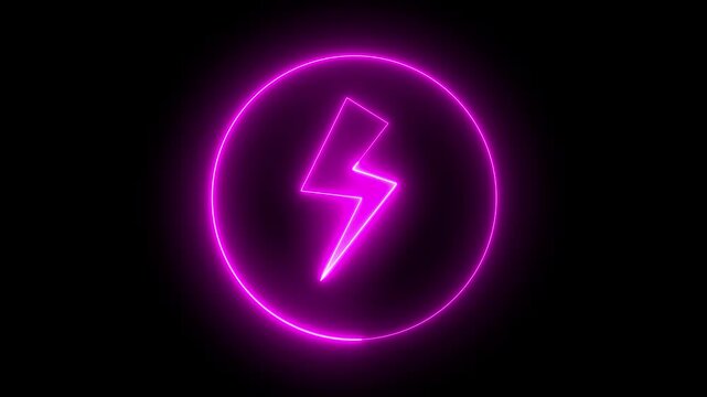 Neon lightning icon animation in neon circle icon. Glowing neon thunderbolt sign, looped animation. Thunder lightning, storm, electric energy, electricity charge. 4k videos