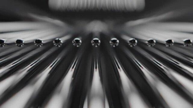 Reflective metallic rods arranged symmetrically, creating a striking visual pattern with highlights and shadows, conveying a sense of order and industrial design aesthetics