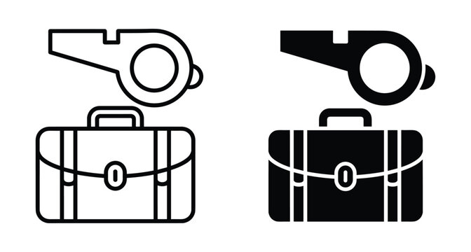 whistle and briefcase icon set representing whistleblower concept corporate ethics reporting misconduct legal compliance business transparency professional accountability and workplace integrity