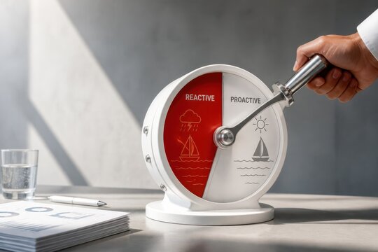 Business strategy concept with hand turning a proactive and reactive decision wheel for planning leadership and control