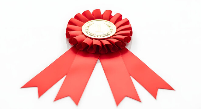 A red rosette award ribbon with a white center on a plain white background