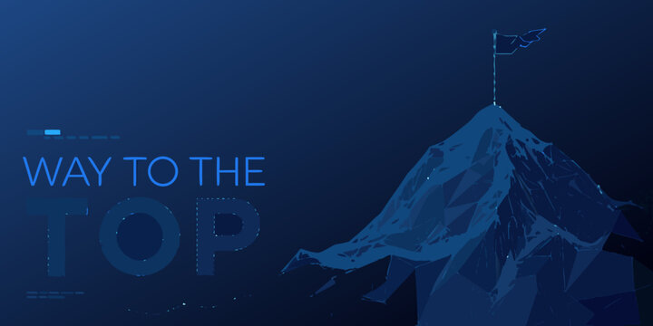 polygonal mountain peak with flag blue gradient background