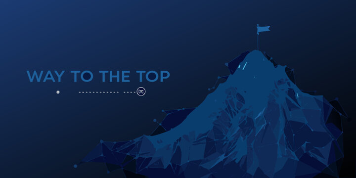 blue polygonal mountain with flag motivational business concept