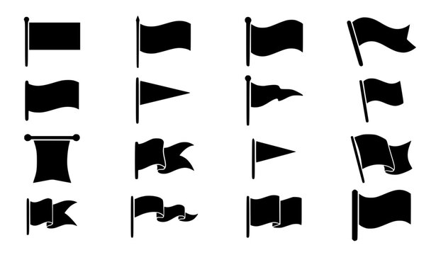 Flag and Banner Silhouette Icon Set Featuring Waving Pennants, Marker Flags, Decorative Labels, and Navigation Symbol Collection
