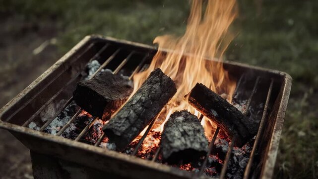 Hot burning charcoal in a metal grill brazier for outdoor barbecue.