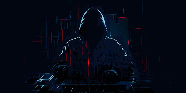hooded figure silhouette with digital glitch effect