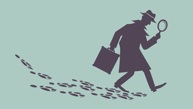 detective silhouette with magnifying glass and footprints vector illustration