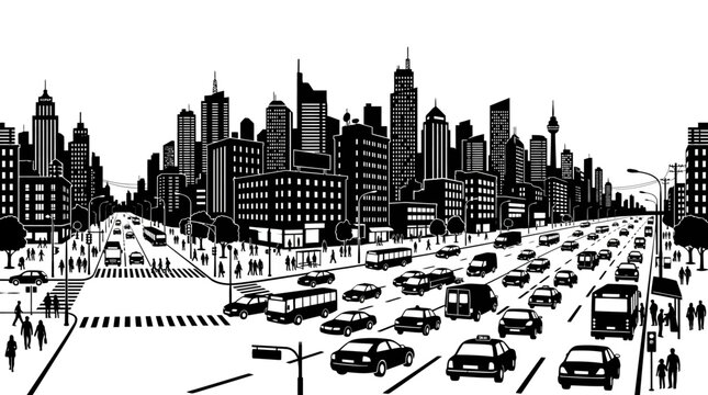 Black and white illustration of a bustling metropolitan city street with heavy traffic and skyscrapers.