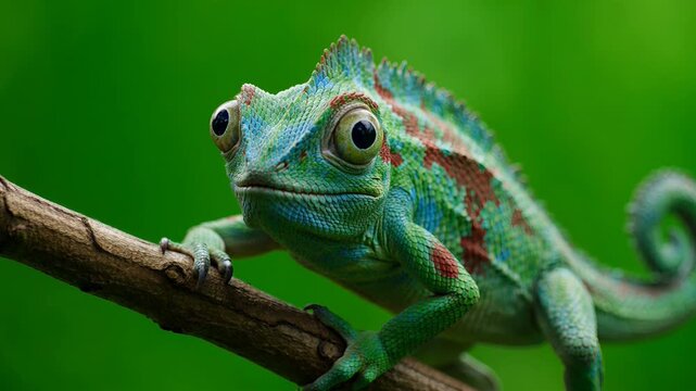 Colorful chameleon lizard resting on a brown tree branch in a lush green forest 4K video