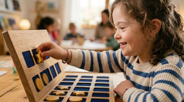 Young girl with Down syndrome playing with shape sorting puzzle in classroom