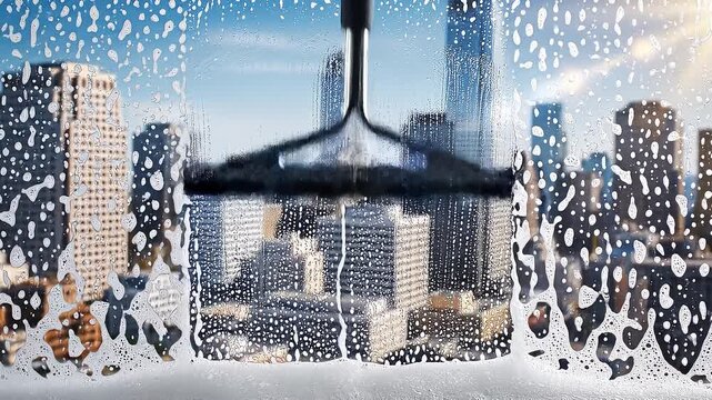 Squeegee wipes soapy foam from a glass window revealing a city skyline. Professional cleaning service in a high rise building. Use for maintenance, service, or urban lifestyle content.