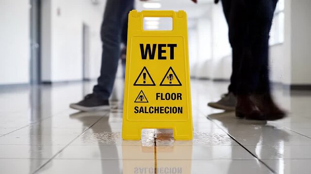 A yellow caution sign warns of a wet floor in a bright office corridor. People walk in the blurred background. This highlights safety and maintenance. Ideal for workplace safety content.
