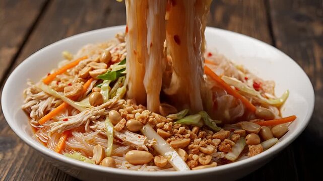 Delicious Asian Chicken Salad with Noodles and Peanuts.