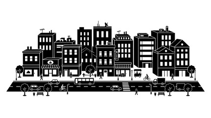 Obraz premium Black and white cityscape silhouette with buildings and city street life.
