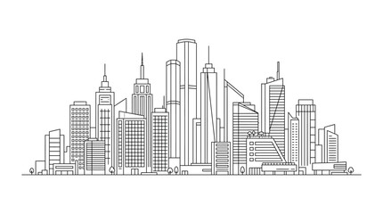 Obraz premium Black and white hand drawn sketch of a modern city skyline.
