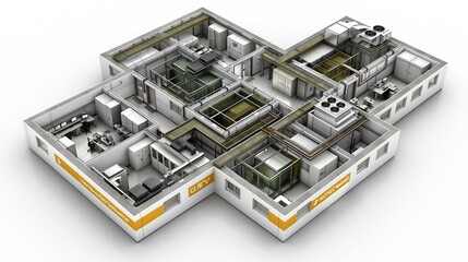 Fototapeta premium Aerial view of a modern industrial facility layout featuring multiple interconnected sections with equipment, offices, and ventilation systems designed for efficient workflow