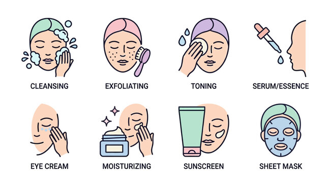 Woman applying facial skincare products.