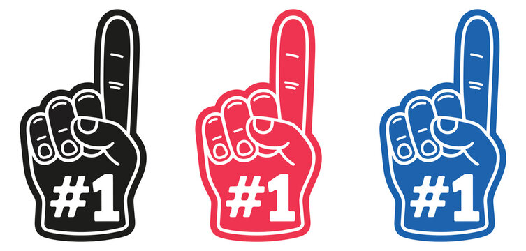 Colorful Foam Finger Vector Icons Featuring Number One Hand Symbols in Black, Red, and Blue Designs for Sports Fan Cheering, Team Support, Celebration Events, Stadium Atmosphere,