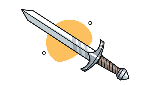 Sharp medieval sword illustration with a gleaming silver blade and crossguard isolated on a white background with a decorative orange shape.