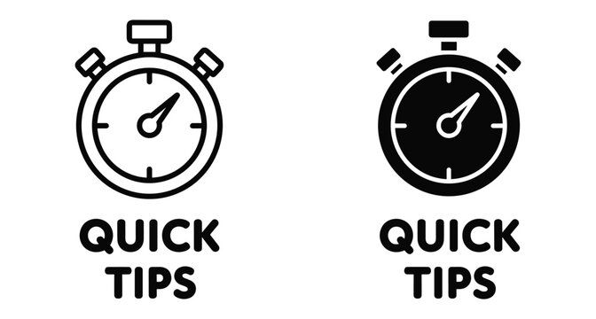Stopwatch icon set with quick tips text for fast advice efficiency speed management time tracking productivity and helpful information symbols