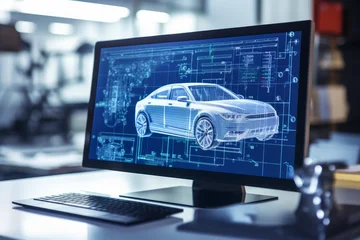 Computer monitor showing 3d wireframe car model and engineering blueprints © nsit0108