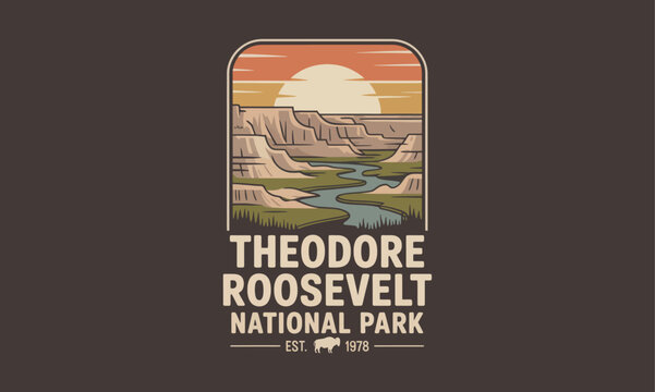 Theodore Roosevelt National Park landscape at sunrise with scenic badlands and golden sky
