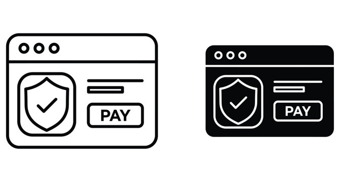 Secure online payment web browser window icon set with shield checkmark and pay button for safe ecommerce transaction and banking