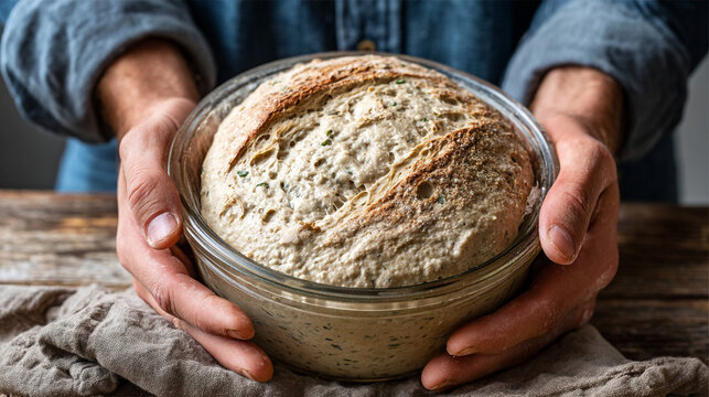 Hands holding a bowl of raw sourdough bread dough on a rustic wooden surface with homemade
