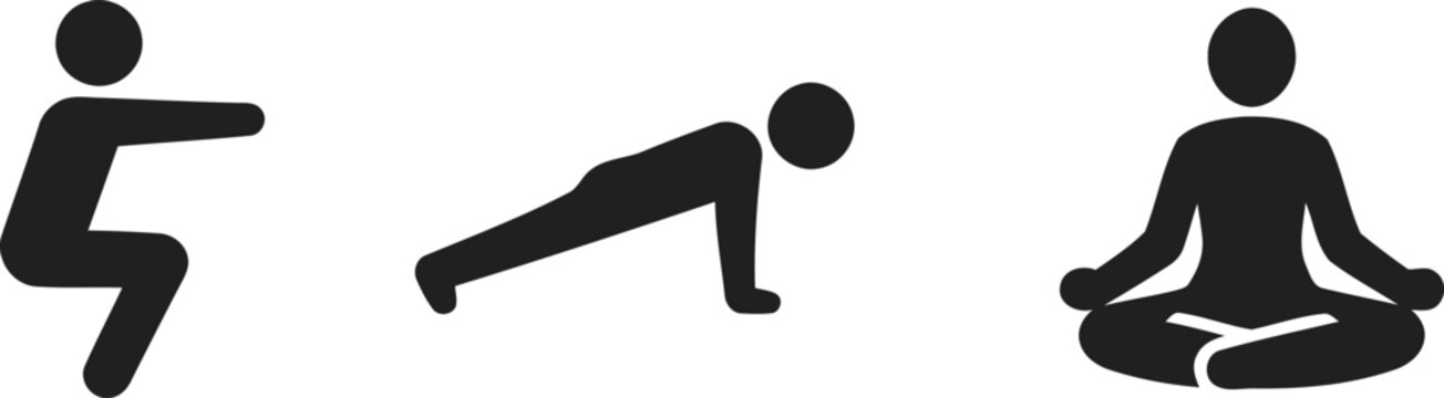 Black silhouettes of people performing squat plank and lotus yoga poses