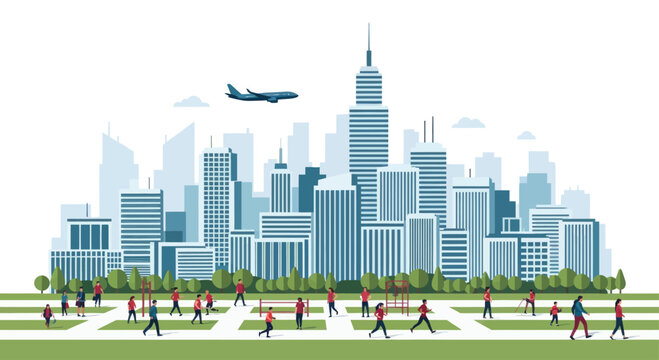A vibrant cityscape with modern skyscrapers, a plane flying overhead, and people engaged in outdoor activities in a park.