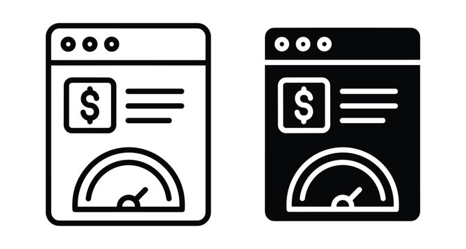 Web browser window icon showing financial performance metrics with dollar sign and speedometer gauge for website monetization and business analytics