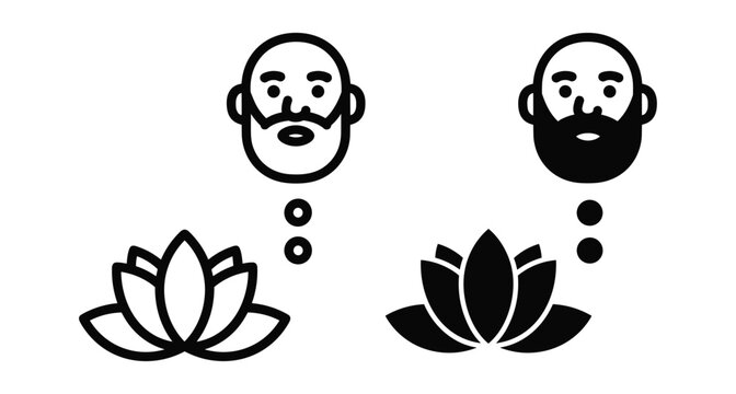 Bearded man head with lotus flower icon set representing meditation mindfulness mental health zen yoga spiritual peace and calm thinking