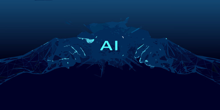 abstract polygonal hands with ai text digital illustration