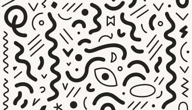Abstract Black Ink Doodle Squiggle and Memphis Style Pattern
