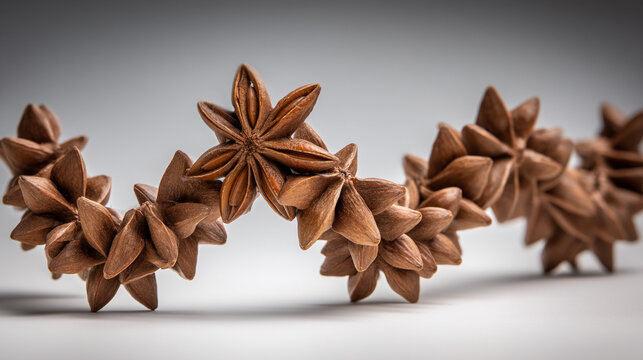 Row of star anise spice pods with spice pod still life spice trade ingredient culinary
