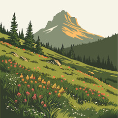 mountain landscape with wildflower meadow and coniferous forest scenic vector illustration © SHARI
