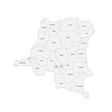 Democratic Republic of the Congo political map of administrative divisions - provinces. Grey handdrawn doodle style map with black outline borders and name labels.