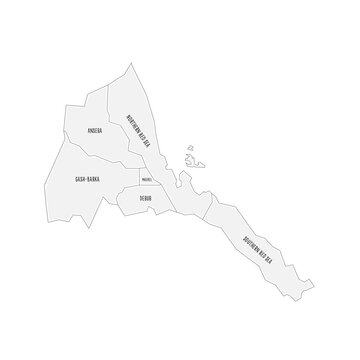 Eritrea political map of administrative divisions - regions. Grey handdrawn doodle style map with black outline borders and name labels.