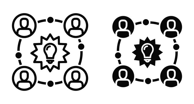 Collaborative brainstorming icon set showing four people connected in a circle around a central lightbulb symbol for creative teamwork ideas