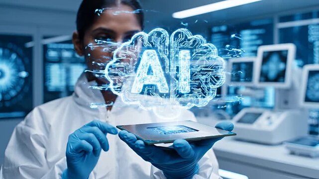 Scientist Interacting with Futuristic AI Hologram in Modern Laboratory.