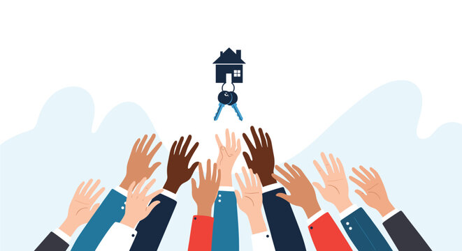 Crowd of diverse hands reaching up towards a set of keys and a small house icon representing the high demand for real estate.