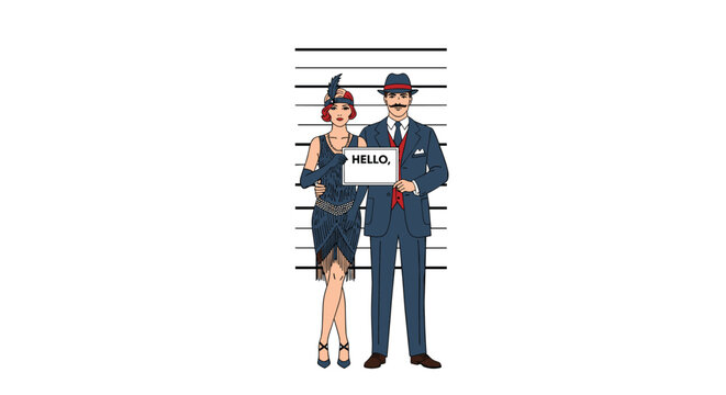 Stylish couple in glamorous 1920s flapper and gangster outfits posing for a police mugshot lineup with a sign saying hello.