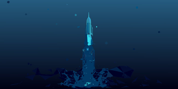 space rocket launch dynamic polygonal illustration with dark blue background