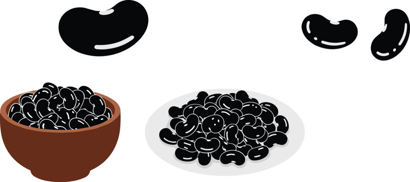 Black beans vector set. Flat cartoon illustration of healthy black beans in a bowl. Organic raw black beans heap, nutritious legume icons for packaging design.