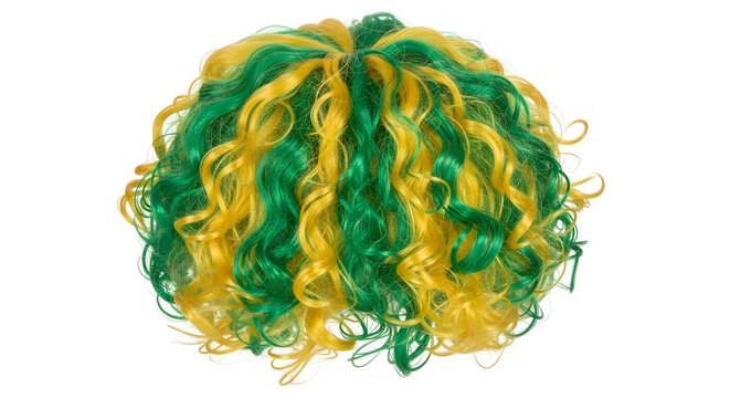 A vibrant green and yellow curly hairpiece on a white background
