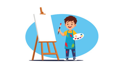 Fototapeta premium Creative young boy wearing a paint-splattered apron holding a palette and brush in front of a blank canvas easel.