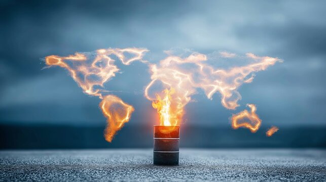 Oil barrel burning on a dark surface, fire shaping a world map, representing global energy crisis and environmental challenges